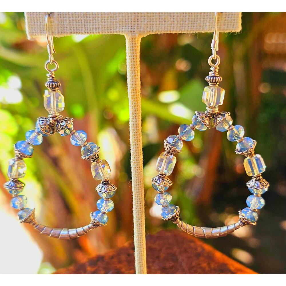 Swarovski Cry. Opal Cube Cry. Sterling Teardrop Artisan Earrings